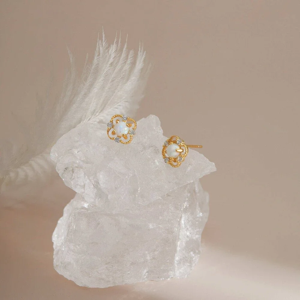 Floral Opal Sterling Silver Stud Earrings
